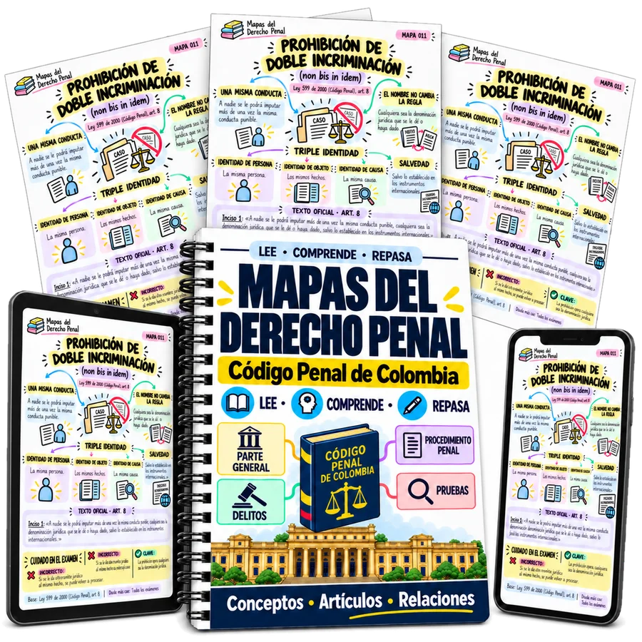 Mapas del Derecho Penal en cuaderno, tablet y celular con páginas de mapas mentales
